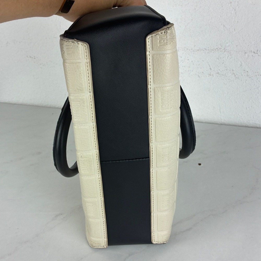 Steve Madden Cream Black Embossed Logo Satchel Bag Double Handles - Picture 8 of 12